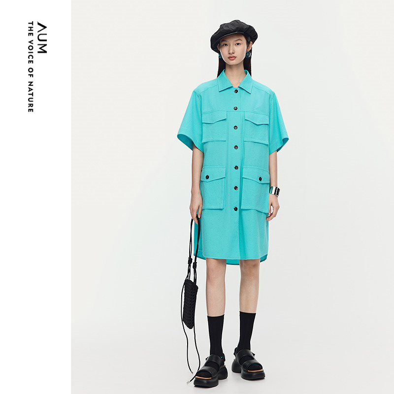 【海岛蓝】AUM噢姆2025年夏季新款棉感彩点小菱形格衬衫连衣裙子