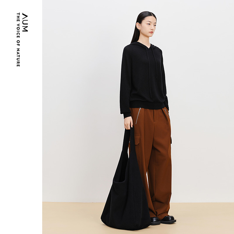 【商场同款】AUM噢姆冬季休闲连帽绵羊毛针织衫宽松黑色上衣女款