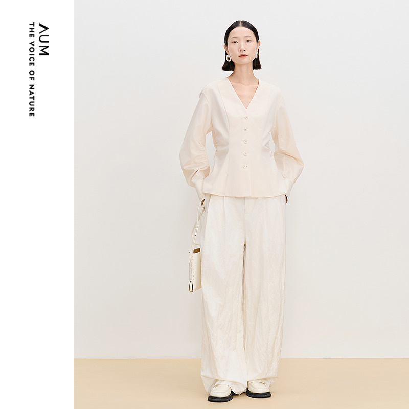 春季新款AUM羊腿袖收腰衬衫上衣