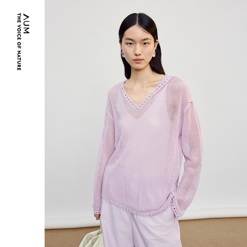 【商场同款】AUM噢姆2026年秋季新款艺术镂空宽松连帽针织上衣女