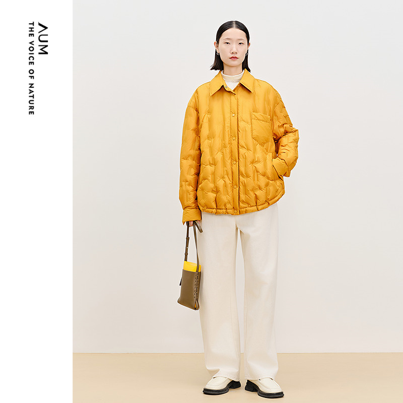 【商场同款】AUM噢姆春季休闲茧型鹅绒翻领衬衫式贴袋宽松羽绒服