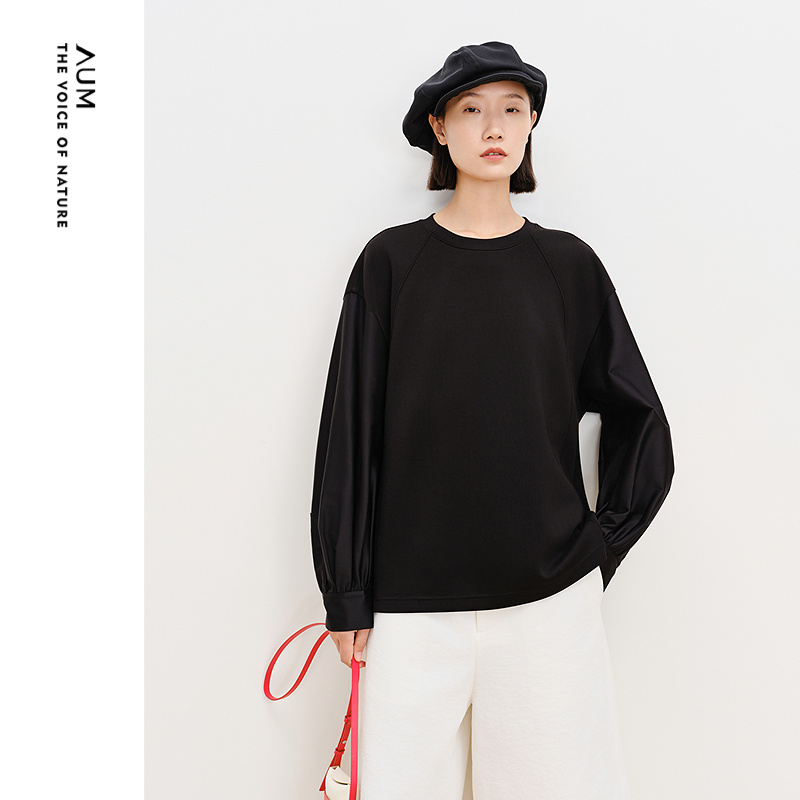 【商场同款】AUM噢姆春季弹力空气层圆领休闲撞料拼接黑色卫衣女
