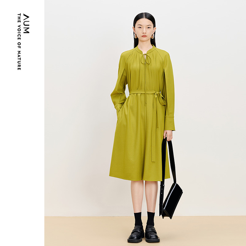 【商场同款】AUM噢姆冬季乱麻弹力呢小立领宽松连衣裙休闲长裙女