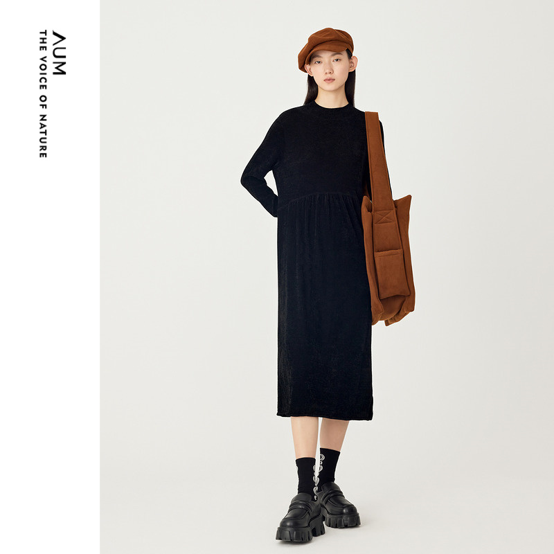 【浮光暖绒】AUM噢姆冬季天鹅绒针织百搭连衣裙子黑色宽松长裙女