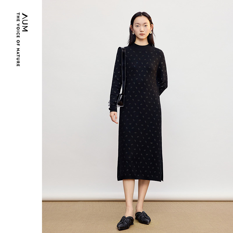 【FaFa裙】AUM噢姆2026年春季新款半高领羊毛针织黑色连衣裙长裙,女装/女士精品,连衣裙,淘宝优惠券,粉丝福利购,淘宝优惠卷