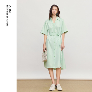 【天猫臻选】AUM噢姆2026年春季新款弹力贡缎收腰短袖连衣裙长裙