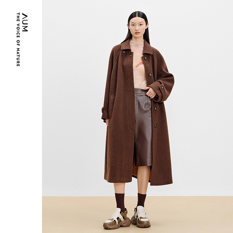 【天猫甄选】AUM噢姆冬季精纺羊毛针织呢宽松休闲长款大衣外套女