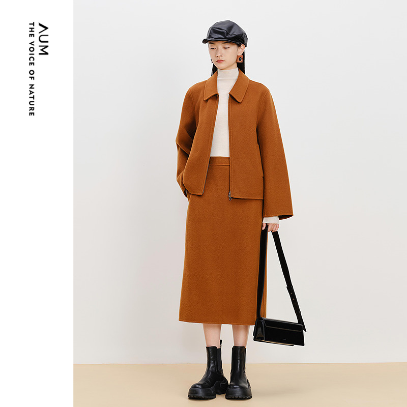 【商场同款】AUM噢姆冬季短顺羊毛双面呢气质翻领直身短款外套女