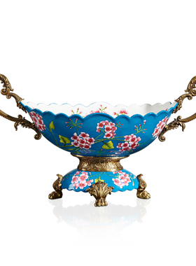 美式蓝色果盘手工彩绘陶瓷铜摆件