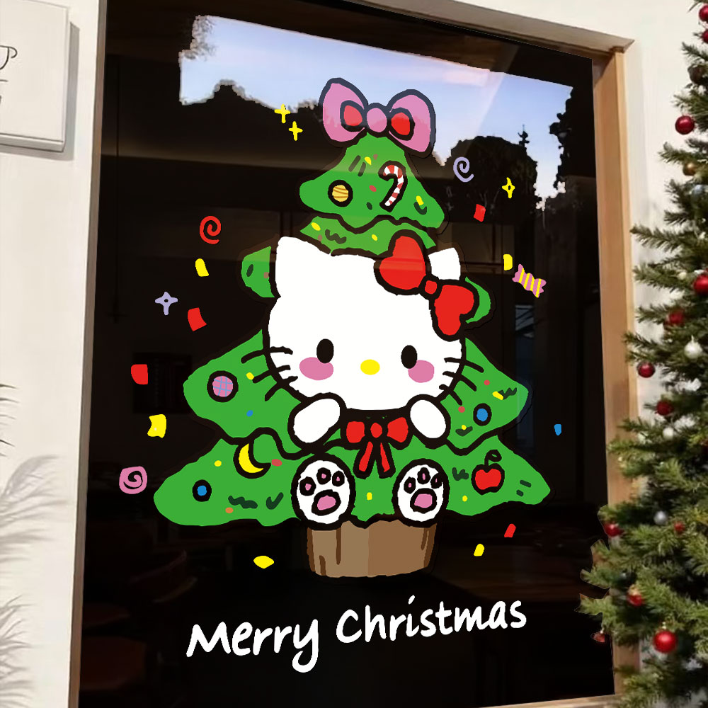 2026圣诞节装饰玻璃橱窗贴纸hellokitty圣诞树耶诞静电贴新年窗花