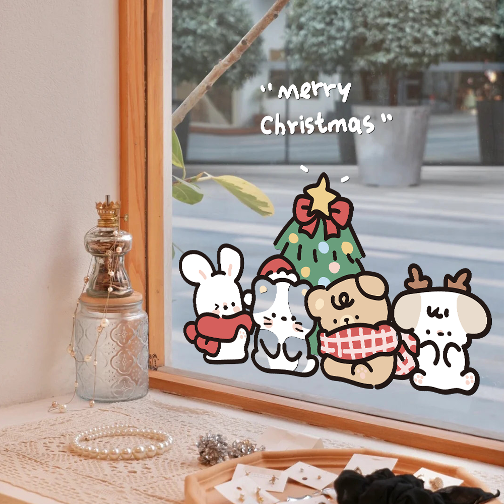 2024可爱新年圣诞节贴纸阳台装饰布置窗花UV静电窗贴门贴橱窗玻璃