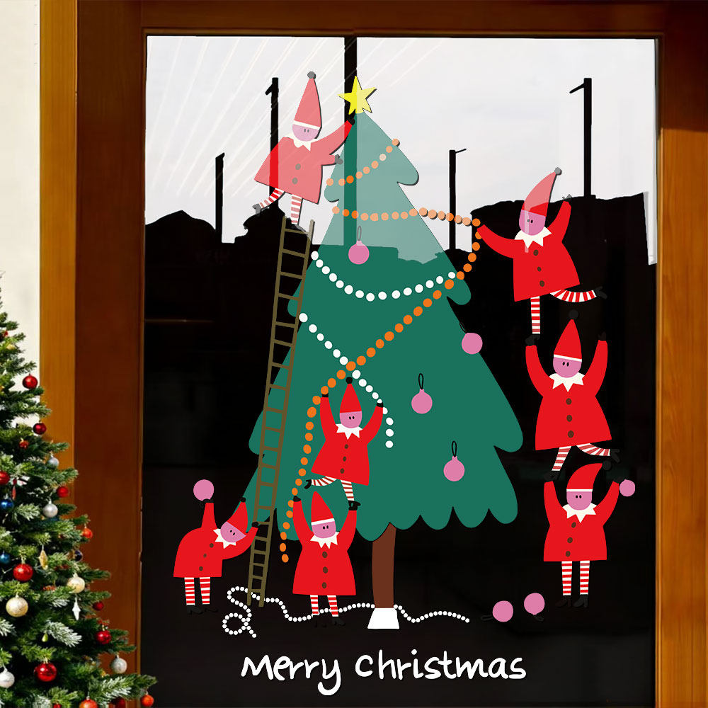 2026新年圣诞节装饰玻璃门贴纸圣诞老人爬梯子圣诞树静电窗贴窗花