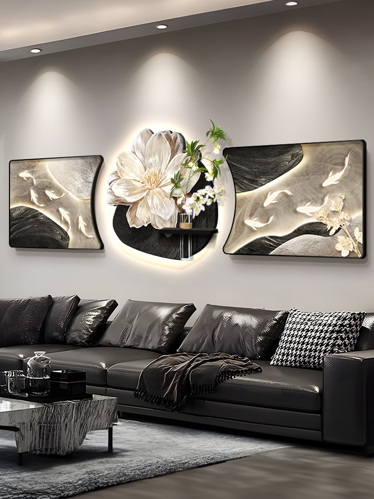 轻奢2025新款三联带灯九鱼图装饰画沙发背景墙挂画客厅高级感壁画