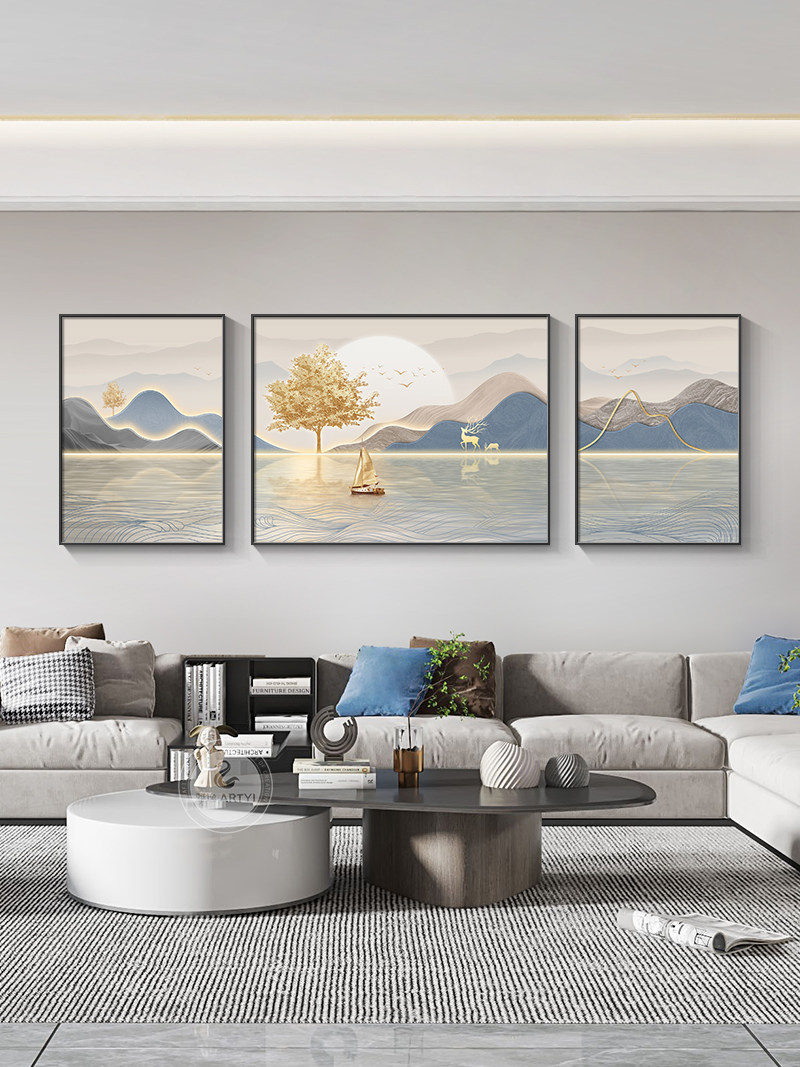 现代轻奢客厅装饰画高档大气沙发背景墙山水挂画一帆风顺三联壁画