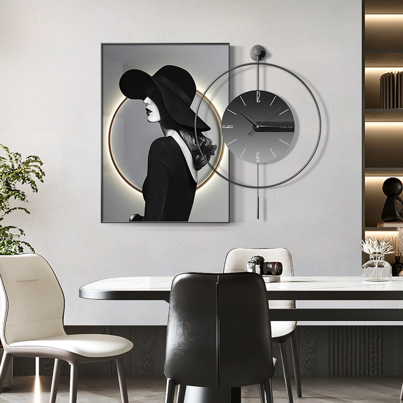 现代轻奢餐厅装饰画高档人物餐桌钟表挂画简约时尚客厅壁画墙时钟