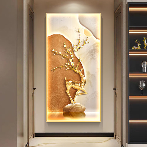 现代轻奢入户玄关装饰画麋鹿走廊过道挂画新中式高档福禄发光壁画