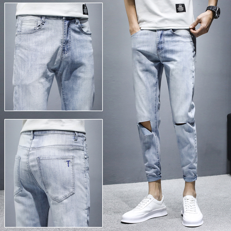 2021 spring and summer jeans men's trendy stretch slim Korean Trend Capris