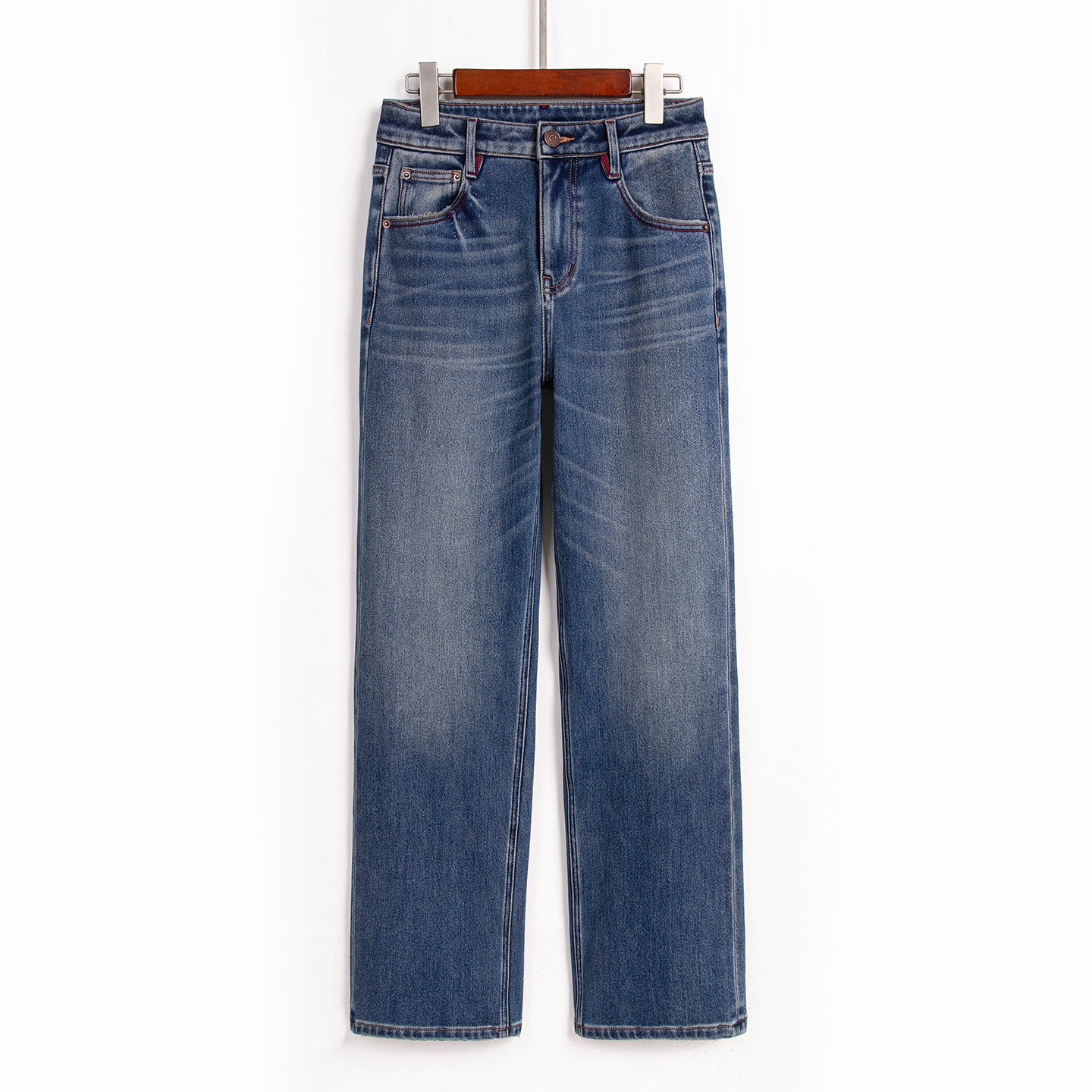 薄绒阔腿牛仔裤女磨毛保暖直筒裤