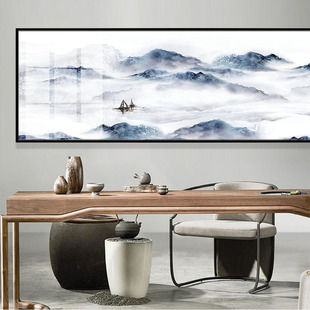 新中式连绵群山素雅风景装饰画老板办公室会客厅茶桌背景墙晶瓷画