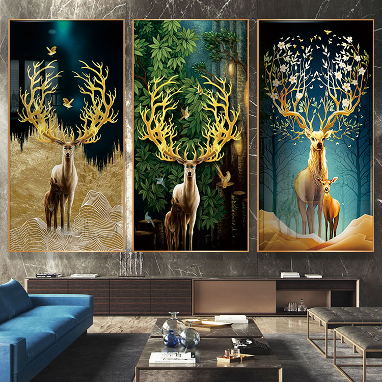 两只麋鹿装饰画一路有你发财鹿晶瓷画商品房入户玄关长幅竖版挂画
