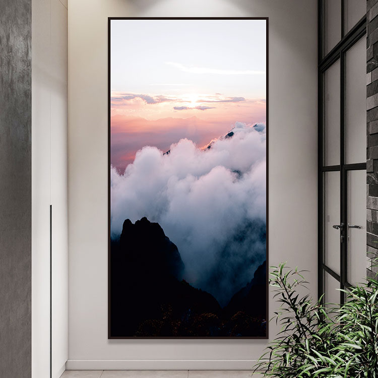 现代新中式烟雾缭绕山顶日出风景软装饰画茶庄饭馆玄关长幅晶瓷画