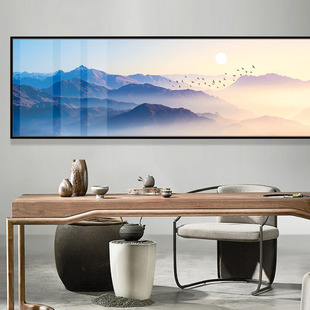 新中式连绵山峰山顶风景装饰画老板办公室茶桌背景墙长幅晶瓷挂画