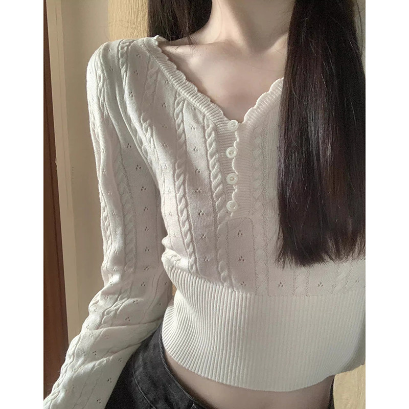 日系白色v领麻花针织衫女春秋设计感镂空小个子打底上衣薄款毛衣