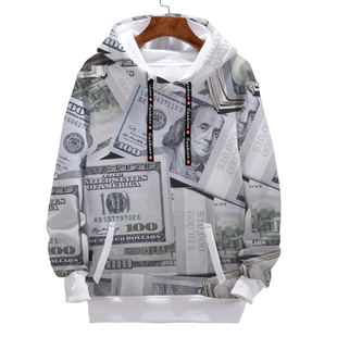 美元美金欧元英镑钞票货币金钱符号连帽卫衣男女加绒外套帽衫衣服