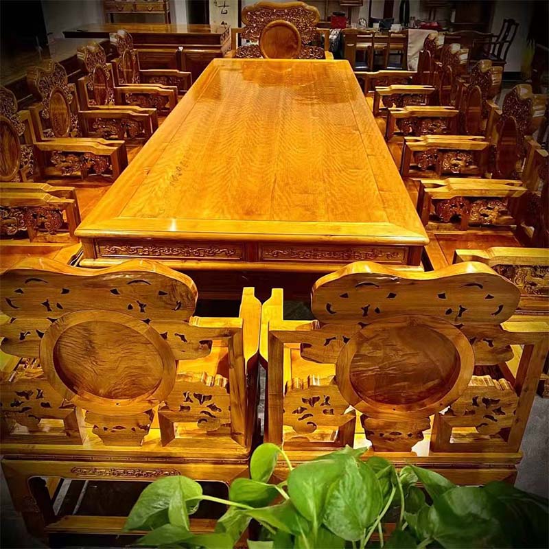 金丝楠木会议桌小叶桢楠虎皮纹总裁桌全实木榫卯工艺定制办公桌
