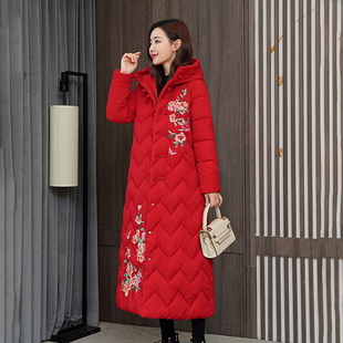 中式复古盘扣民族风长款刺绣羽绒棉服女士冬季过膝妈妈装棉衣外套