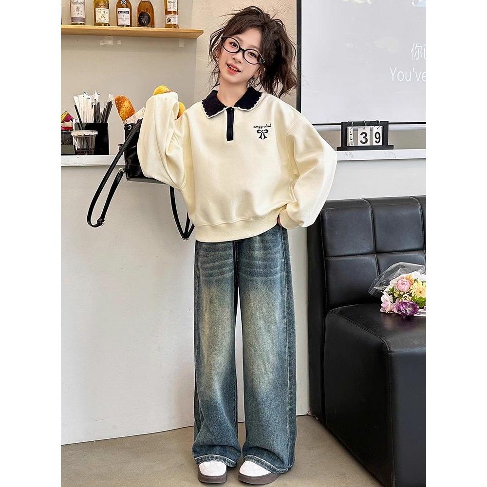 女童卫衣春秋装百搭新款大童学院风POLO衫上衣儿童长袖T恤打底衫