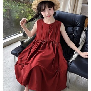 时髦中大童圆领上衣超洋气女童纯色宽松洋气裙子潮 女童背心裙夏装