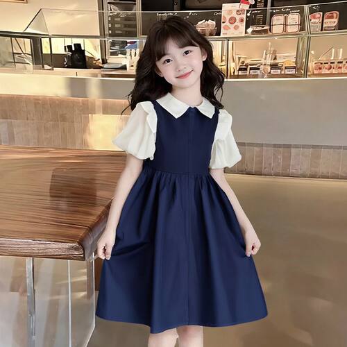 夏季学院女童连衣裙裙子百搭儿童新款洋气夏装中大童假两件公主裙