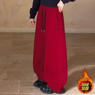 女童加绒加厚裤子冬装女大童红色本命年拜年服百搭女孩运动裤卫裤