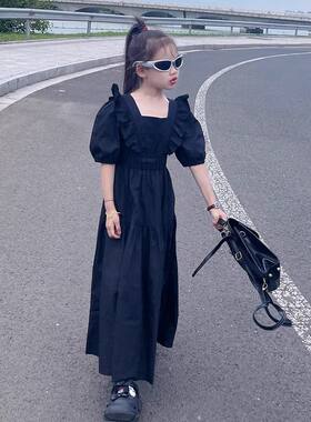 女童百搭连衣裙夏季纯色新款荷叶边收腰女孩长裙高腰显瘦儿童裙子