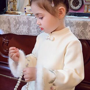 女童打底衫加绒百搭新款儿童国风盘扣立领上衣女孩汉元素内搭长袖