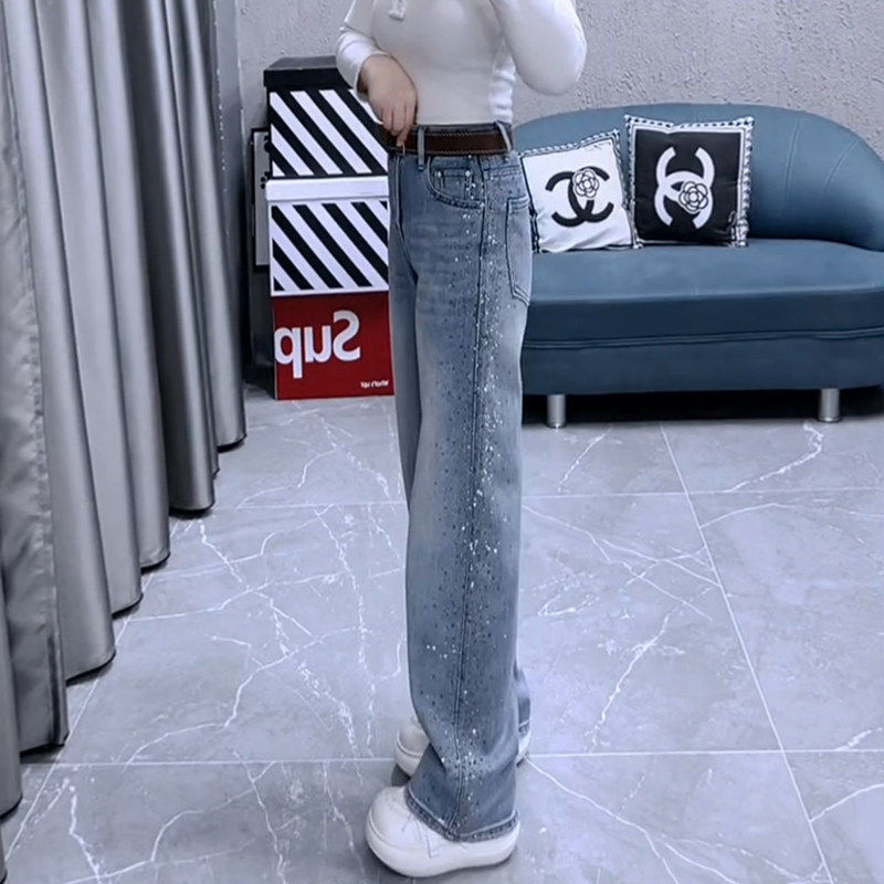 2026春季新款欧货重工烫钻直筒裤大码高腰遮肉显瘦无弹阔腿牛仔裤,女装/女士精品,牛仔裤,淘宝优惠券,粉丝福利购,淘宝优惠卷