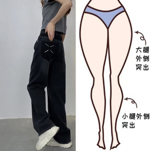 子女宽松高腰直筒阔腿裤 2022年秋季 显瘦潮 黑色牛仔裤 女装 新款 大码