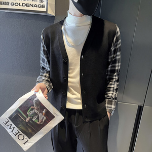 6612-P78 男士格子袖拼接开衫针织衫毛衣草坡青年i外套 控108图片