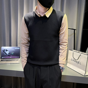 6682-P78冬季时尚假两件长袖针织衫拼接男士毛衣体恤控108,男士竖领毛大衣怎么搭配内衣图片