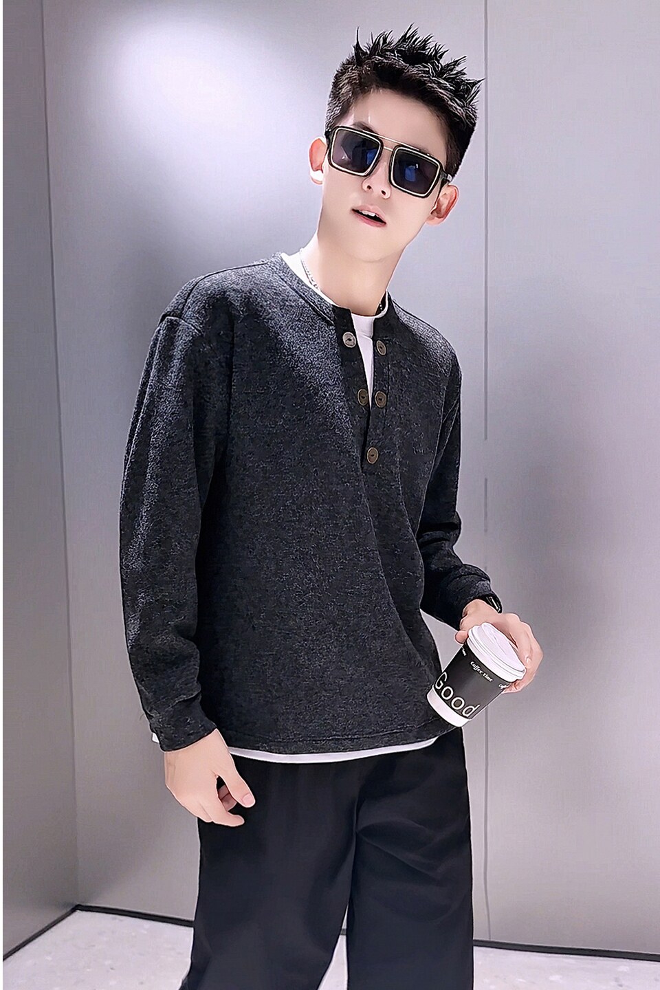 M54-P98美式复古亨利领排扣毛衣男加绒保暖设计感针织衫外套,男装针织衫/毛衣,电商D319