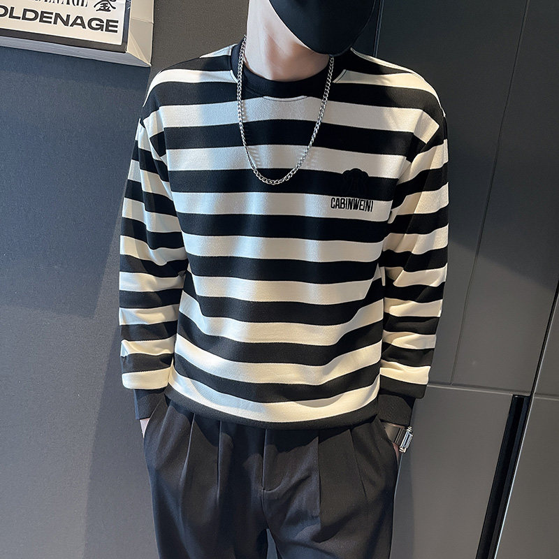 6629-P65秋季条纹长袖T恤内搭打底衫个性原宿男士卫衣控95,男装卫衣,电商D319