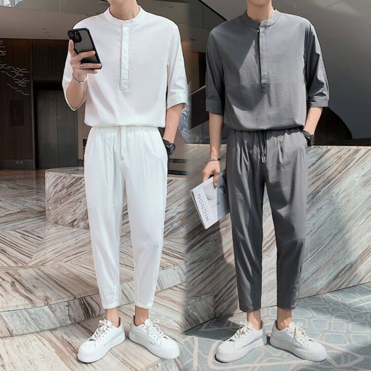 TZ917-P118夏季男五分袖九分裤两件套透气i纯色百搭套装-5控158，男装休闲套装，电商D319