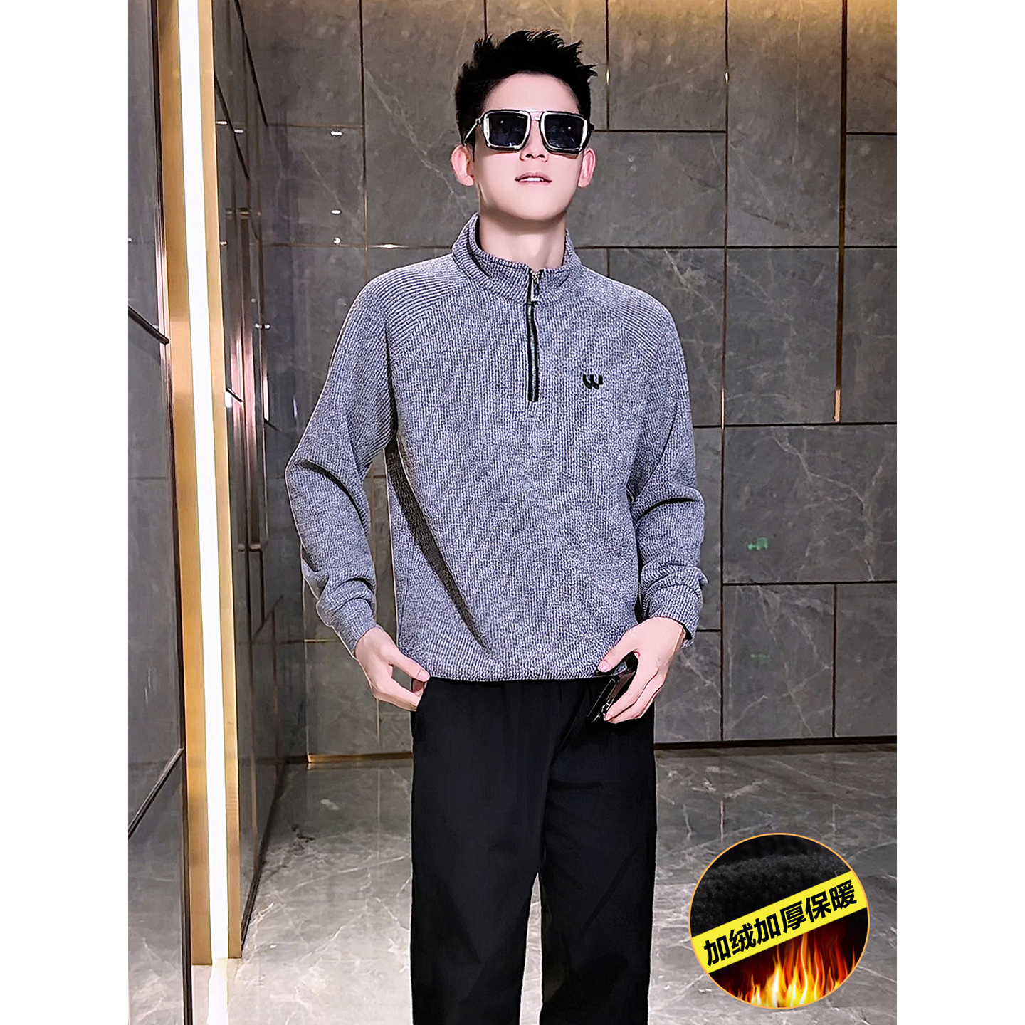 W52-P88男士立领半拉链针织衫灰色加绒保暖休闲百搭卫衣冬季，男装针织衫/毛衣，电商D319