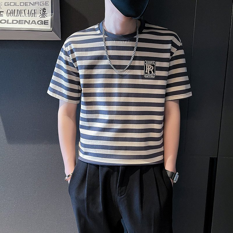 6486-P48夏季条纹T恤ins潮牌短袖新款半截袖男装上衣百搭-1控68,男装T恤,电商D319