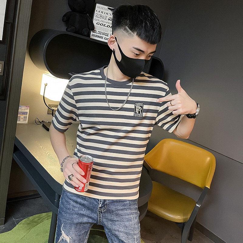 6486-P45条纹短袖t恤男士夏季潮流圆领半袖男装体恤上衣控65，男装T恤，电商D319