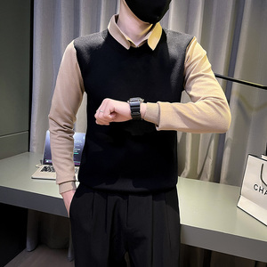 6682-P78 冬季时尚假两件长袖针织衫拼接男士毛衣体恤-2 控108图片