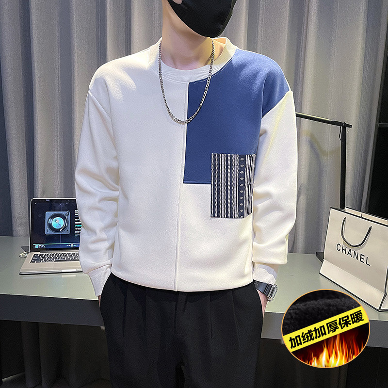 6688-P78 冬季拼色个性潮牌长袖加绒加厚保暖男士卫衣-1 控108图片