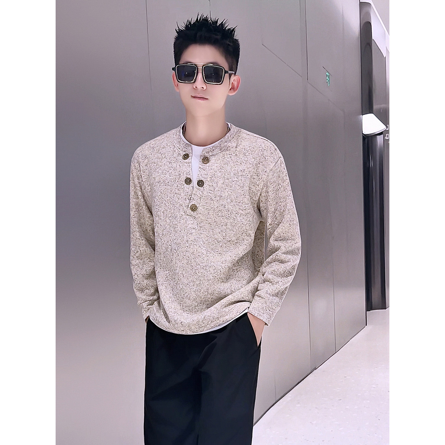 M54-P98美式复古亨利领排扣毛衣男加绒保暖设计感针织衫外套,男装针织衫/毛衣,电商D319