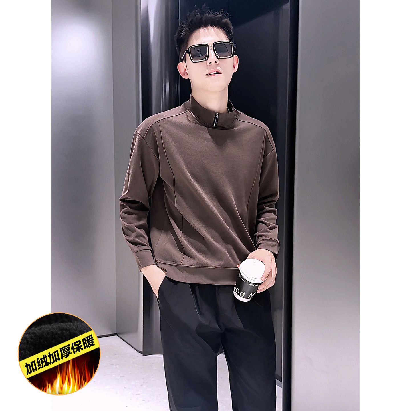 T62-P48男士长袖半高领德绒打底衫休闲百搭简约保暖内搭上衣，男装T恤，电商D319